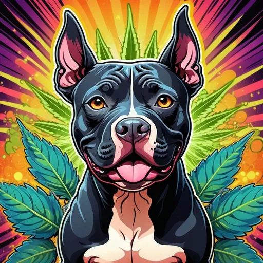 Prompt: Retro-style cartoon illustration of a black Pit Bull, vibrant and positive expression, cannabis-inspired theme, colorful psychedelic patterns, 70s retro cartoon style, high quality, vibrant colors, retro, positive vibes, psychedelic, cannabis-inspired, detailed fur, cartoon style, vintage, joyful expression, cannabis leaves, colorful patterns, professional, atmospheric lighting