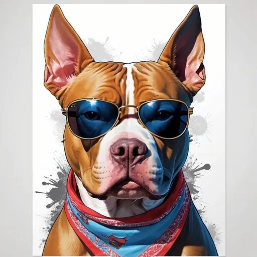 Prompt: "Create a poster with AI art depicting a pitbull wearing sunglasses and a bandana, exuding coolness and charisma, perfect for adorning walls with a touch of urban flair