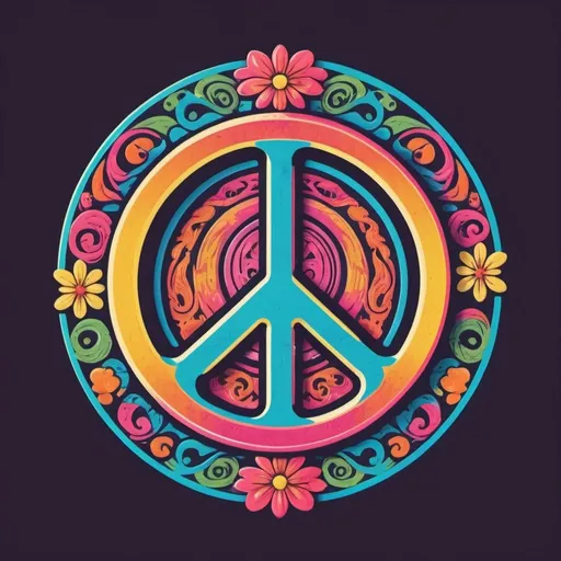 Prompt: retro, colorful, classic peace sign logo, vintage style, vibrant tones, high quality, detailed design, 70s aesthetic, bold colors, artistic, groovy