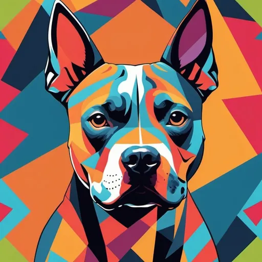 Prompt: Produce AI art showcasing a stylized pitbull silhouette with bold colors and geometric patterns, perfect for creating eye-catching and trendy shirt designs