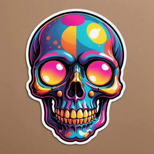 Prompt: Old-school skull sticker, vibrant pop art style, retro disco vibe, high contrast colors, funky pattern design, neon color palette, disco ball reflection, bold outlines, 80s aesthetic, detailed shading, glossy finish, high quality, pop art, retro, vibrant colors, disco, funky design, neon palette, detailed shading, bold outlines, high contrast, glossy finish