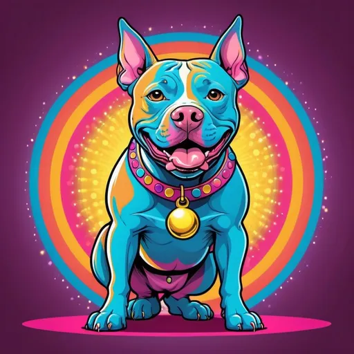 Prompt: Funky retro cartoon illustration of a lovable pit bull, vibrant and disco-themed, retro art style, bright and colorful palette, funky disco outfit with bell-bottoms and platform shoes, playful and friendly expression, high quality, retro cartoon, vibrant colors, disco theme, detailed character design, energetic lighting