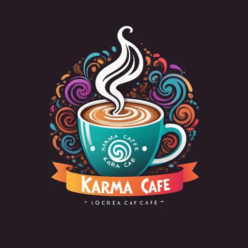 Prompt: Playful and vibrant logo for Karma Cafe, whimsical coffee cup, swirling steam, vibrant colors, energetic and lively design, high quality, modern illustration, bold and playful, coffee cup, karma theme, fun and exciting, vibrant color scheme, energetic feel, professional design, lively and dynamic, modern style, creative typography, whimsical coffee cup design