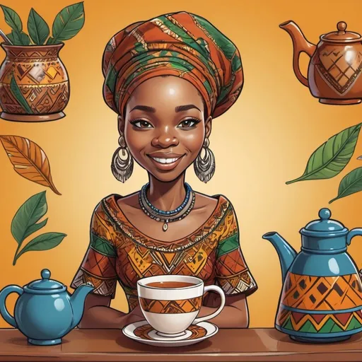 Prompt: Cartoon character for a craft tea company, South African inspired, detailed facial features, vibrant and lively animation, high quality, hand-drawn, colorful, traditional attire, warm and earthy tones, natural elements, energetic and friendly expression, authentic African patterns, artistic shading, professional, detailed design, dynamic pose, lively animation, tea-themed accessories, cheerful and inviting atmosphere, 4k, hand-drawn, vibrant colors, South African-inspired, detailed facial features, traditional attire, friendly expression