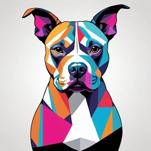 Prompt: Produce AI art showcasing a stylized pitbull silhouette with bold colors and geometric patterns, perfect for creating eye-catching and trendy shirt designs