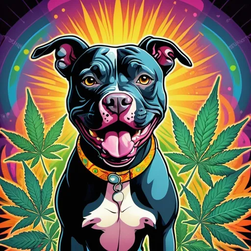 Prompt: Retro-style cartoon illustration of a black Pit Bull, vibrant and positive expression, cannabis-inspired theme, colorful psychedelic patterns, 70s retro cartoon style, high quality, vibrant colors, retro, positive vibes, psychedelic, cannabis-inspired, detailed fur, cartoon style, vintage, joyful expression, cannabis leaves, colorful patterns, professional, atmospheric lighting