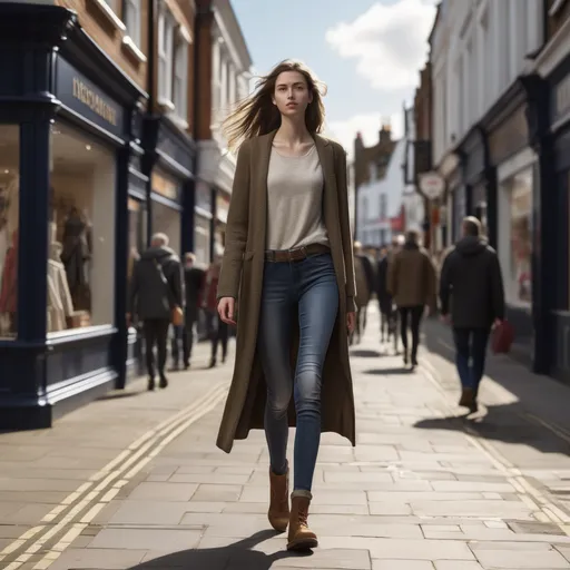 Prompt: Tall young woman walking down the high street, detailed clothing, realistic, natural lighting