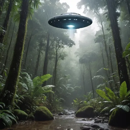 Prompt: A video of a stream in the rain forest with all kinds of animals looking up at the glare in the sky. A ufo is above them 
