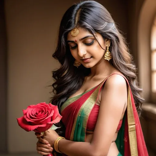 Prompt: Imagine a girl with beautiful hair and she is wearing a revealing saree she is holding a rose with one hand and the other hand is on her stomach