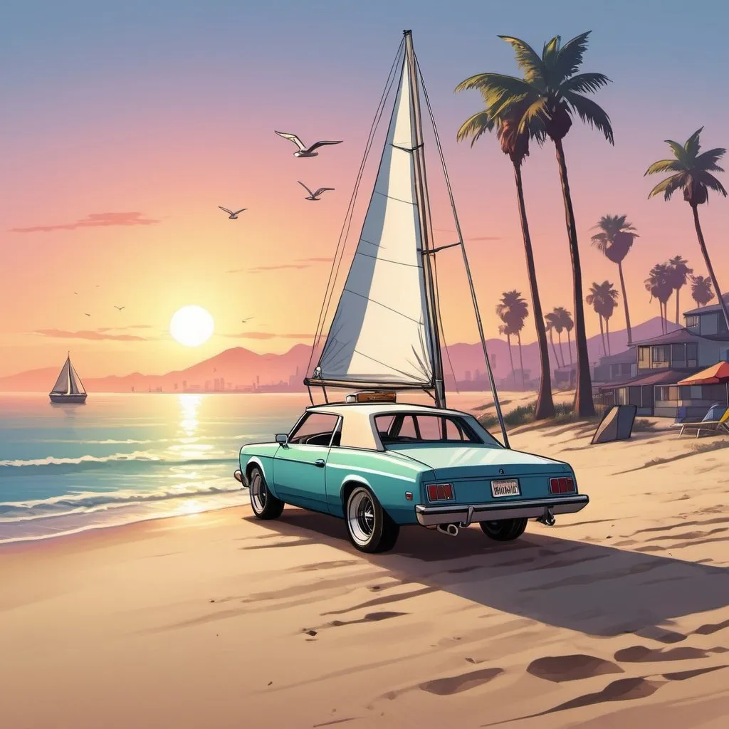 Prompt: CREATE A GTA V COVER ART, sailboat on the beach at sunset, cartoon illustration