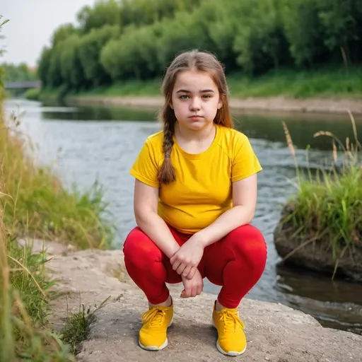 Prompt: A slightly plump twelve years old girl dressed in red leggings and yellow t-shirt. Girl a little plump. Girl squatting near the river. Front view 