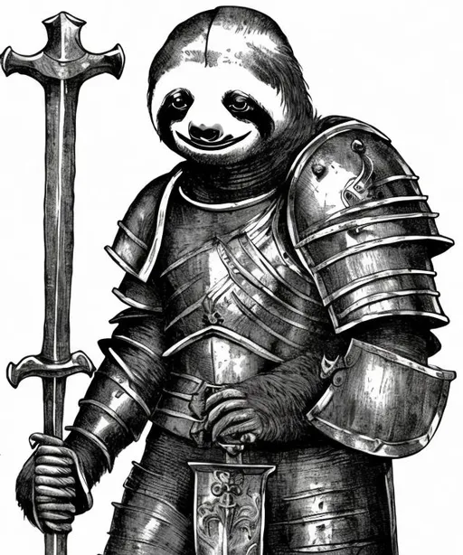 Prompt: A morbid cruel sloth in a knight armor
In black and white medieval etching style full figure