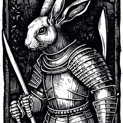 Prompt: A morbid humanoid rabbit in a knight armor
In black and white medieval woodcut style