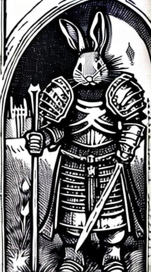 Prompt: A morbid cruel rabbit in a knight armor
In black and white medieval woodcut style full figure heavy metal style 