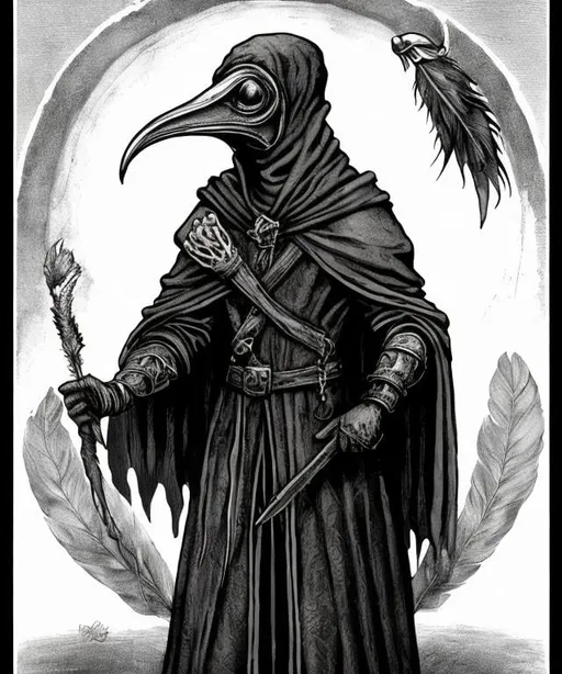 Prompt: Morbid plague doctor character holding a sclae with one side having a feather and the other human heart
Black and white etching engraving style