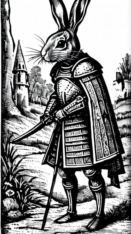 Prompt: A morbid cruel rabbit in a knight armor
In black and white medieval woodcut style full figure