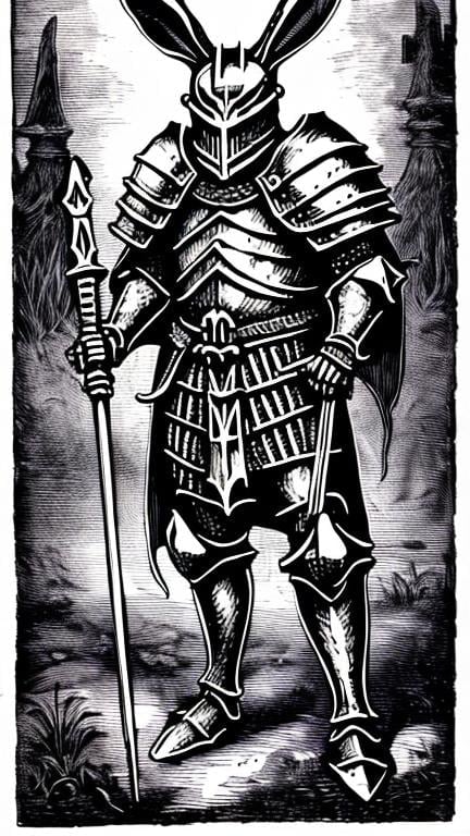 Prompt: A morbid cruel rabbitn a knight armor
In black and white medieval woodcut style full figure heavy metal style