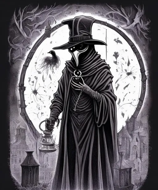 Prompt: Morbid plague doctor character holding hourglass 
Black and white etching engraving style