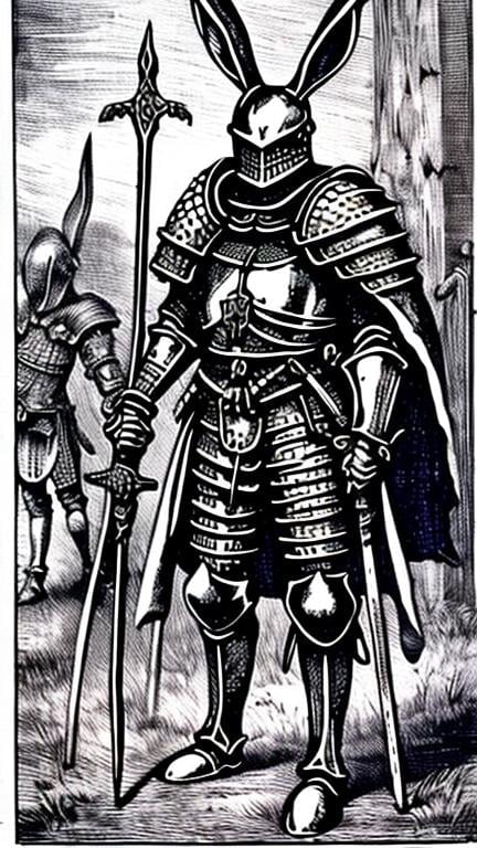 Prompt: A morbid cruel rabbitn a knight armor
In black and white medieval woodcut style full figure heavy metal style
