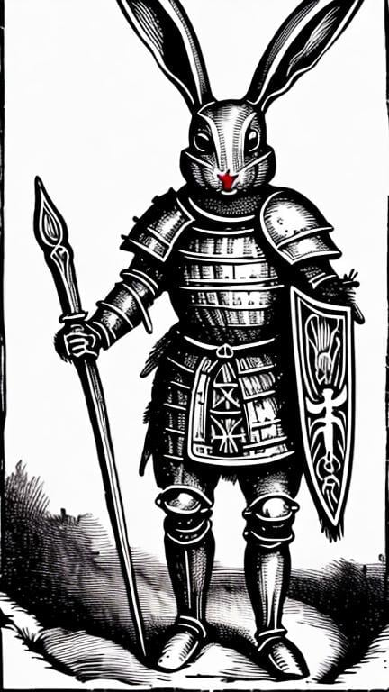 Prompt: A morbid humanoid rabbit in a knight armor
In black and white medieval woodcut style full figure