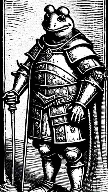 Prompt: A morbid mr toad in a knight armor
In black and white medieval woodcut style full figure