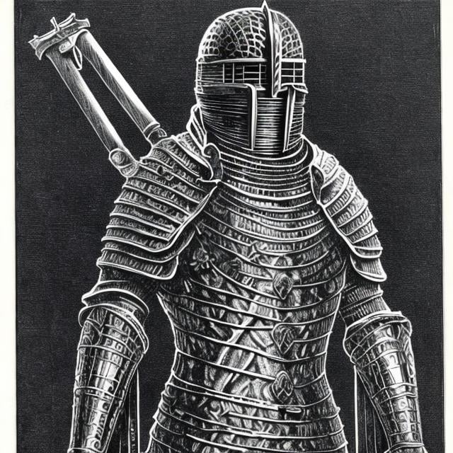 Prompt: Etching engraving black and white 
Limbless monty python black Knight 