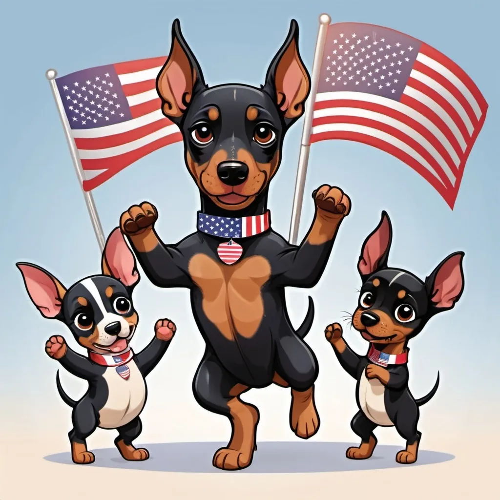 Prompt: A cartoon 
Doberman puppy dances with puppy friends from other countries that holding  an American flag center and others with 
cultural flags 