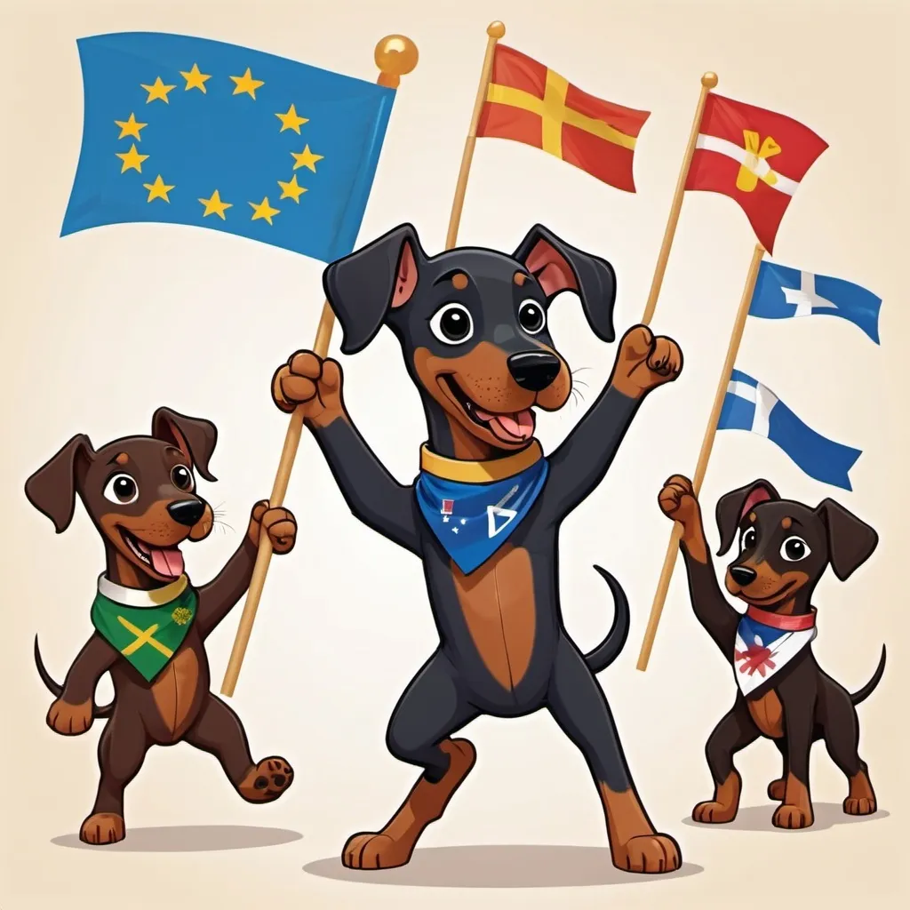 Prompt: A cartoon 
Doberman puppy dances with puppy friends from other countries that holding  cultural flags 