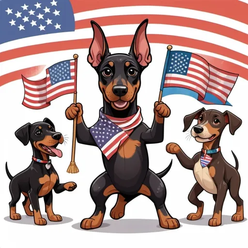 Prompt: A cartoon 
Doberman puppy dances with puppy friends from other countries that holding  an American flag center and others with 
cultural flags 