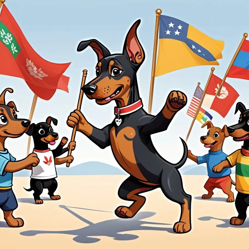 Prompt: A cartoon 
Doberman puppy dances with puppy friends from other countries that holding  cultural flags 