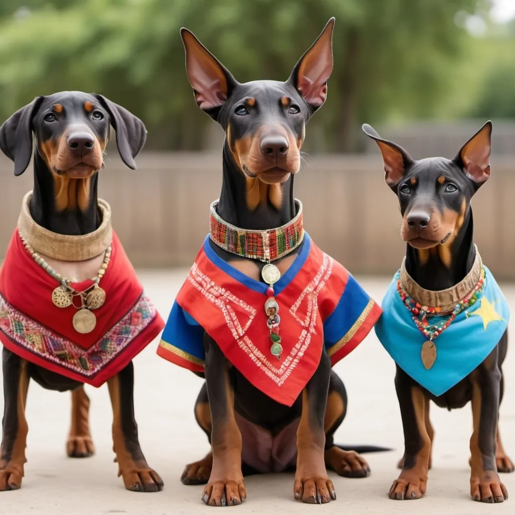 Prompt: A Doberman puppy dances with puppy friends from other countries that are wearing  cultural symbols and clothing