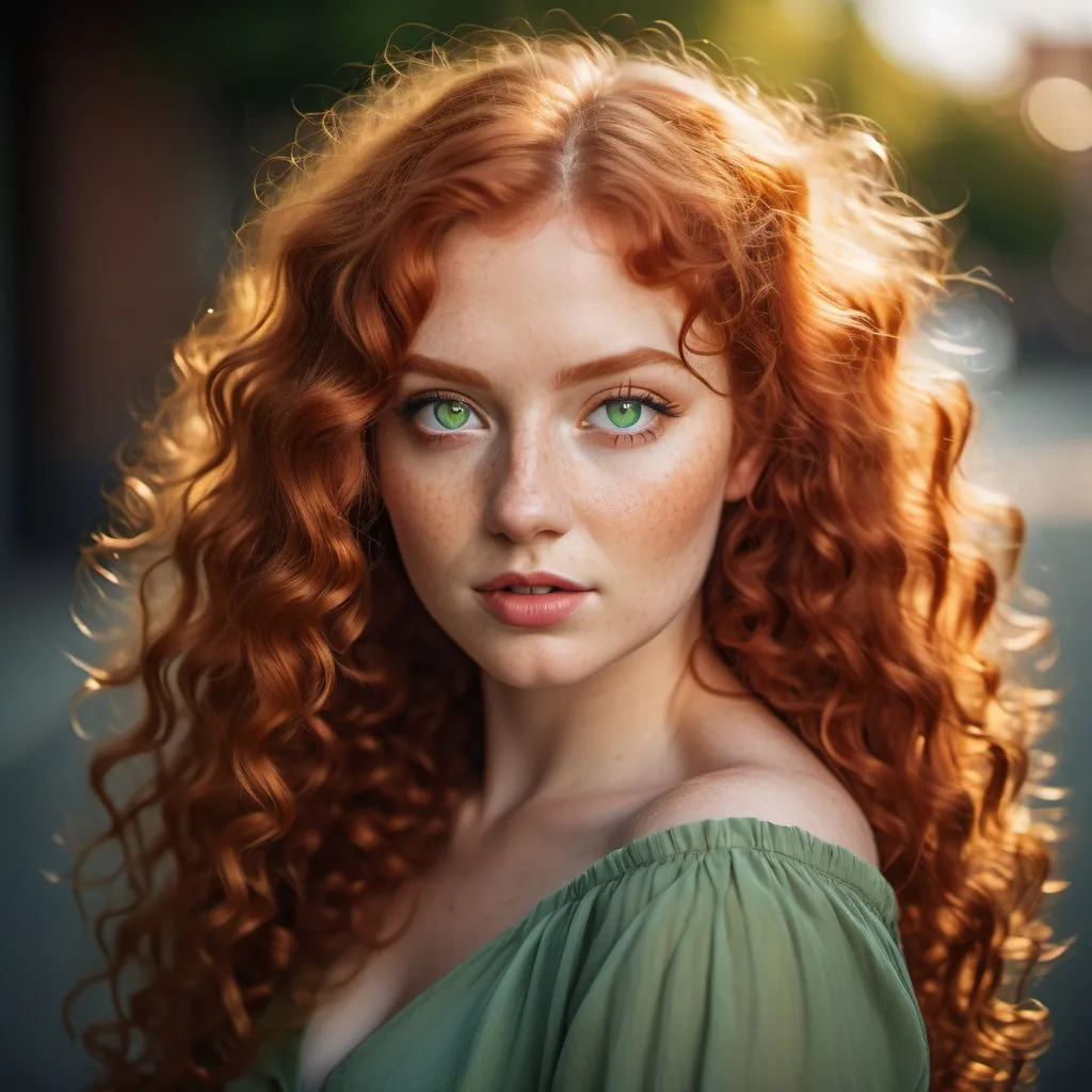 Prompt: Beautiful woman with green eyes, long curly red hair, curvy , ektachrome, fashion photography, eye level angle, Sunny: Canon EOS 5D Mark IV camera with a Canon EF 24-70mm f/2.8L II USM lens, Golden Hour: Canon EOS R5 camera with a Canon RF 50mm f/1.2L USM lens, Fantasy: Fujifilm X-T4 with Fujinon XF 56mm f/1.2 R lens, ultra realism,, hyper realistic, photorealistic/imagine prompt: