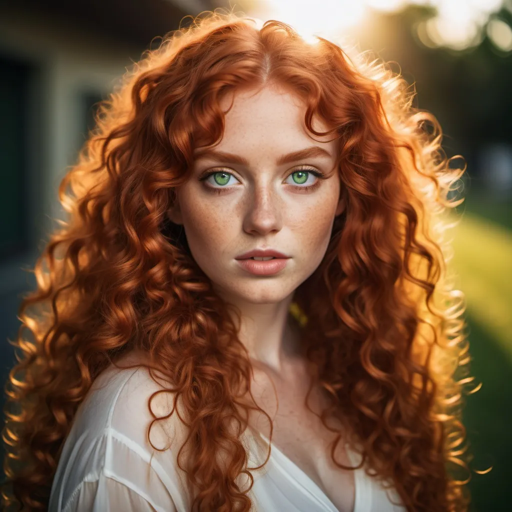 Prompt: Beautiful woman with green eyes, long curly red hair, curvy , ektachrome, fashion photography, eye level angle, Sunny: Canon EOS 5D Mark IV camera with a Canon EF 24-70mm f/2.8L II USM lens, Golden Hour: Canon EOS R5 camera with a Canon RF 50mm f/1.2L USM lens, Fantasy: Fujifilm X-T4 with Fujinon XF 56mm f/1.2 R lens, ultra realism,, hyper realistic, photorealistic/imagine prompt: