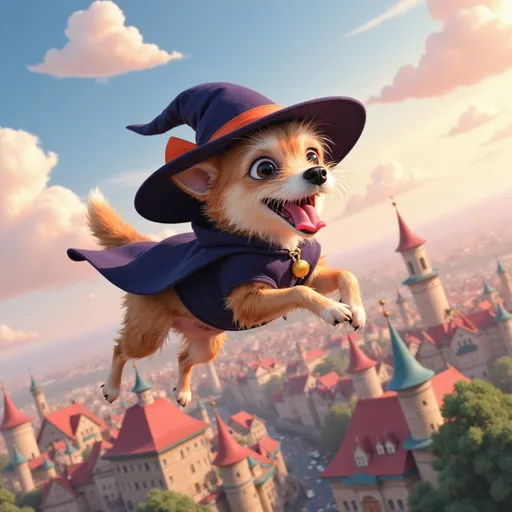 Prompt: (2D studio Ghibli anime style), a whimsical dog in a witch's outfit, flying magically above a vibrant city filled with fantastical buildings, pastel colors of dawn illuminating the scene, clouds softly floating by, enchanting atmosphere, graceful poses, delightful expression on the dog's face, HD, animated charm, cozy and cheerful ambiance.