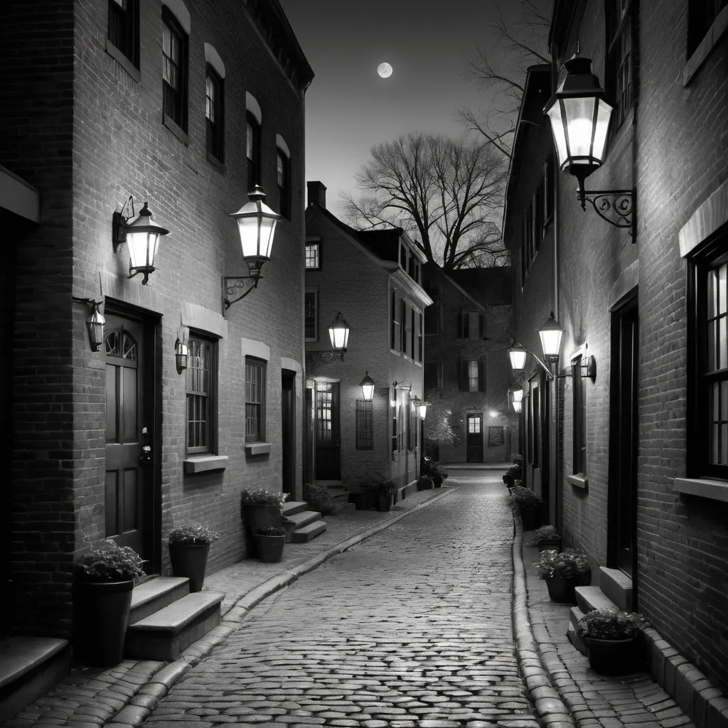 Prompt: Step into the enchanting world of "Twilight Alley," a captivating black and white art print that evokes the charm and tranquility of a bygone era. This beautifully detailed piece features a serene cobblestone street lined with quaint, old-world houses, gently illuminated by vintage lanterns. The soft glow of the lanterns and the intricate textures of the cobblestones create a sense of nostalgia and timeless beauty.
