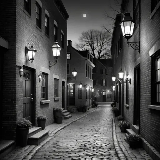 Prompt: Step into the enchanting world of "Twilight Alley," a captivating black and white art print that evokes the charm and tranquility of a bygone era. This beautifully detailed piece features a serene cobblestone street lined with quaint, old-world houses, gently illuminated by vintage lanterns. The soft glow of the lanterns and the intricate textures of the cobblestones create a sense of nostalgia and timeless beauty.
