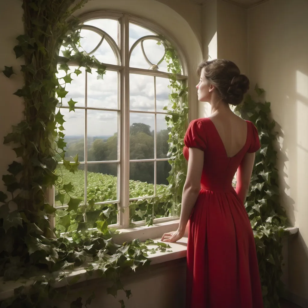 Prompt:  The image features a woman wearing a red dress standing in front of a large window. She appears to be looking out of the window, possibly observing the surroundings or enjoying the view. The window is adorned with vines and ivy, adding a touch of nature to the scene. In the background, there is a person partially visible, possibly another individual in the room or someone outside the window. The woman's red dress stands out against the window's backdrop, making her the focal point of the scene