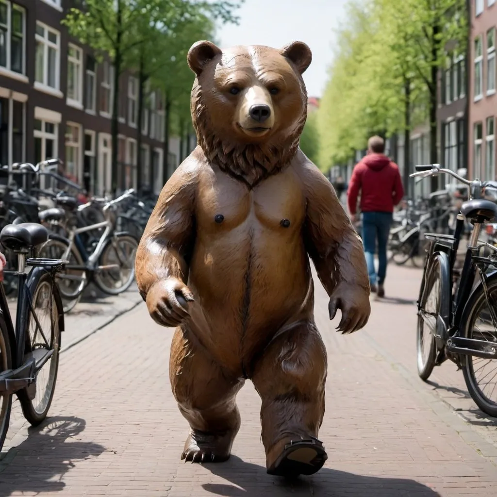 Prompt:  a bear named Han walking through Amsterdam filmed with long lens