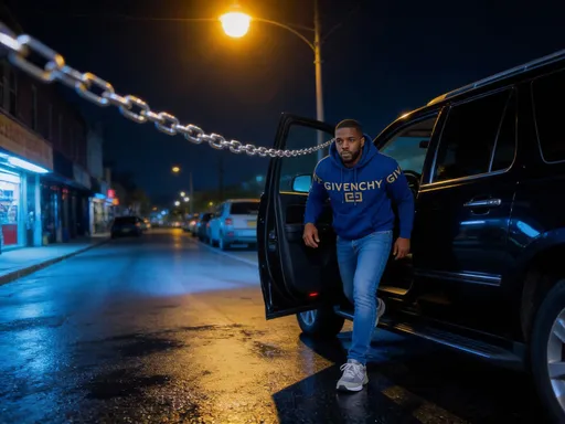 Prompt: @o8Z4b0fOkHkiN5iTwd1B Shot 1 [0-4s] wide night street: exits SUV, chain shines, eyes scan.