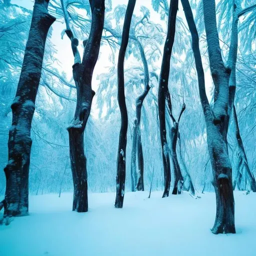 Prompt: A forest frozen in the winter. Animals can't survive winter