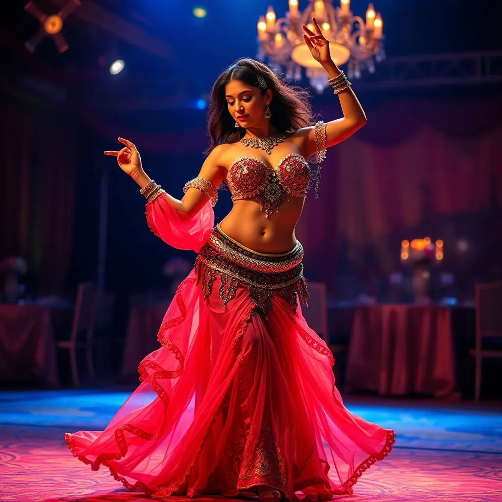 Prompt: belly dancer with cool background for event