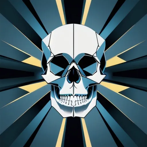 Prompt: illustration of a skull, Cubist background, symmetrical, sharp lines, gradient color scheme of [blue and silver], dynamic play of light and shadow