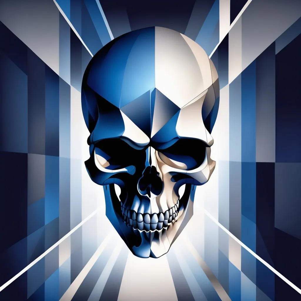 Prompt: illustration of a skull, Cubist background, symmetrical, sharp lines, gradient color scheme of [blue and silver], dynamic play of light and shadow