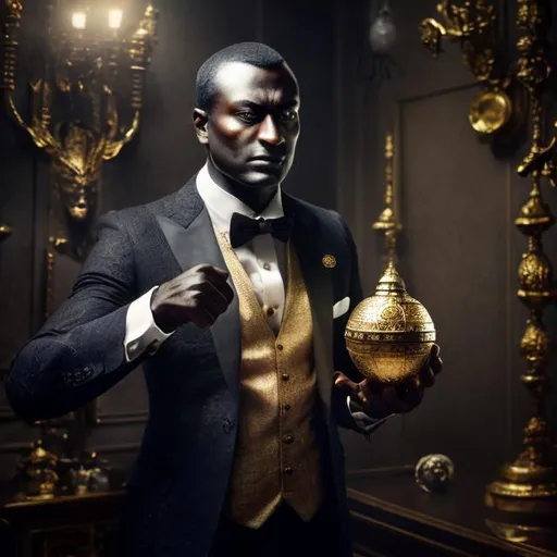 Prompt: Dark-skinned man in formal suit holding a golden glocke, pointing with right hand, surrounded by gangsters, fantasy, detailed gentleman suit, golden glocke, dark skin, back view, gangster, fantasy style, professional, atmospheric lighting, mystical, highres, detailed fingers, elegant design, intense gaze, dramatic lighting