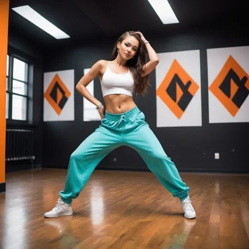 Prompt: hip hop solo in a dance studio, bold and energetic moves, high quality, vibrant, energetic