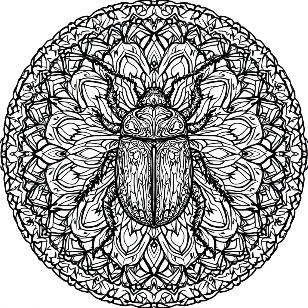 Prompt: black and white, intricate mandala design, a small beetle with large antennae, fantasy style, mesmerizing patterns, hand-drawn elements, detailed and artistic, perfect for coloring, abstract themes, warm color scheme inspiration, inviting and creative ambiance, high-quality line work for easy coloring.