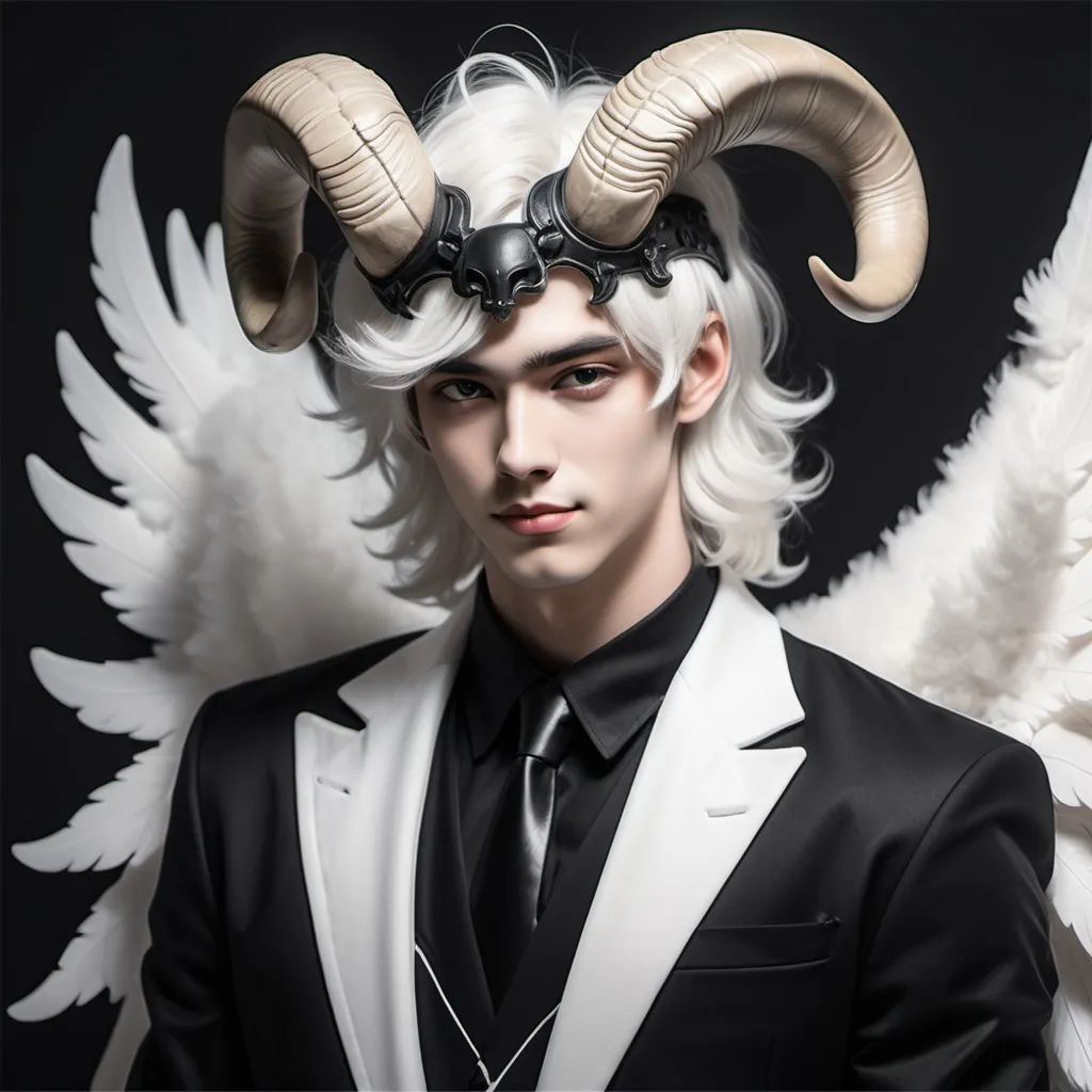 Prompt: Create a Portrait image of a smirking male man with an aura around his body and with a Ram horns on his head, wearing a black and white outfit with black angel wings on his back. Do it in a style of a Manhwa.