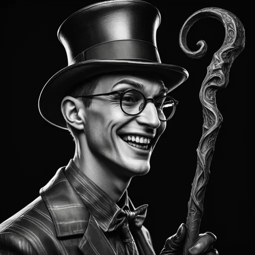 Prompt: Edward Nigma aka Riddler, psychotic tattoo design, menacing appearance, holding question mark walking stick, side view portrait close-up, inspired by Cory Michael Smith from Gotham TV show, wearing a large hat, intense and unsettling expression with laughing grin, showcasing high detail and quality, bold ink lines, unique textures, stark black and white contrast, 8K resolution, ultra-detailed, photorealistic.