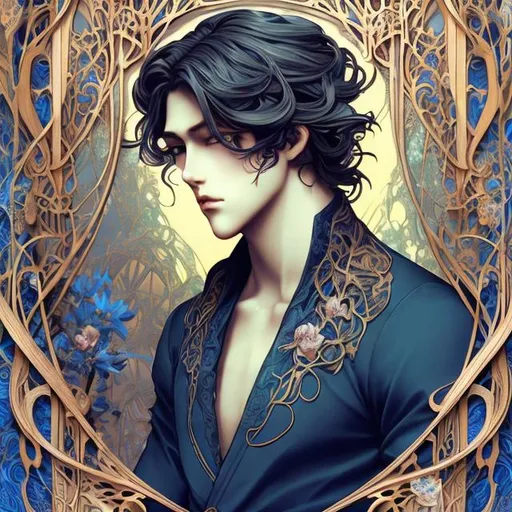 Prompt: 3D anime illustration of  handsome boy in an Art Nouveau , ultra-detailed, art nouveau, 3D rendering, blue dark light, intricate floral patterns, flowing hair with delicate details, romantic atmosphere, professional quality, vibrant colors, soft lighting, beautiful characters, handsome male lead, detailed anime eyes, elegant design
