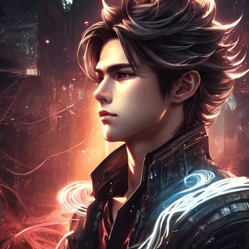 Prompt: 3D anime illustration of handsome boy  in an Art sci-fi , ultra-detailed,  sci-fi, 3D rendering, white and dark red dark light,  patterns, flowing hair with delicate details, romantic atmosphere, professional quality, vibrant colors, soft lighting, beautiful characters, handsome male lead, detailed anime eyes, elegant design